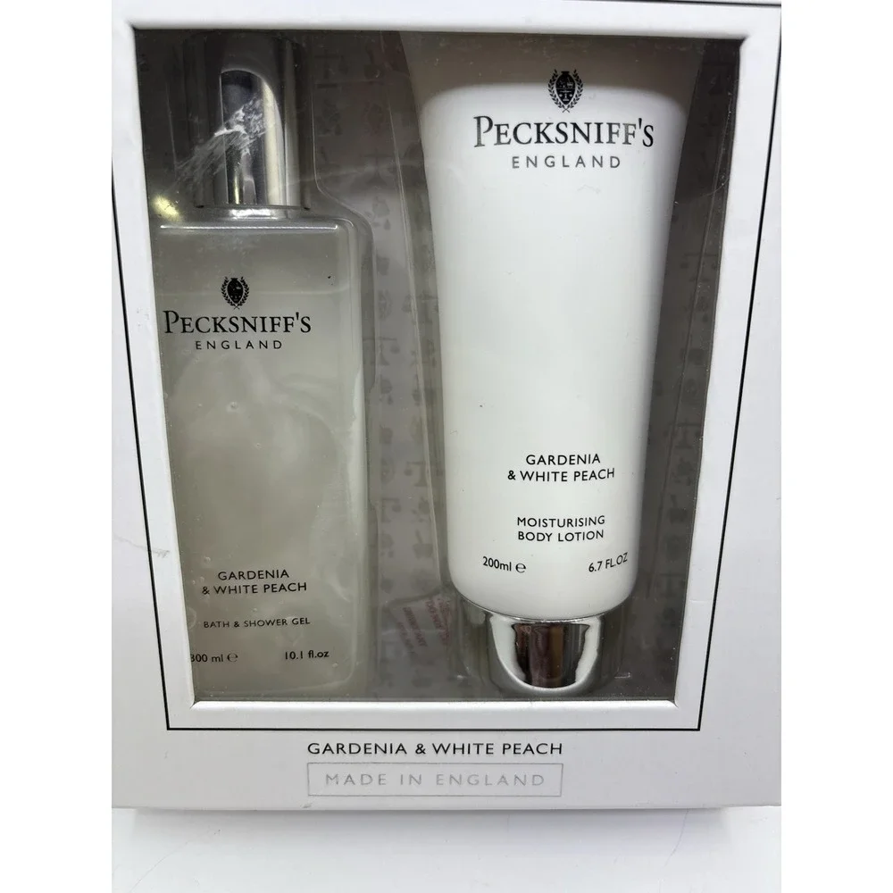 Pecksniff's GARDENIA & WHITE PEACH Bath Gel and Body Lotion Gift Set New